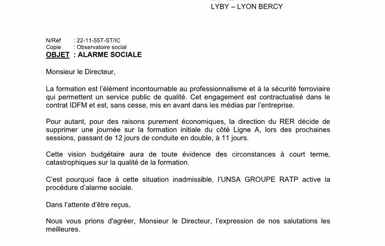 Alarme sociale nouvelle formation ligne A